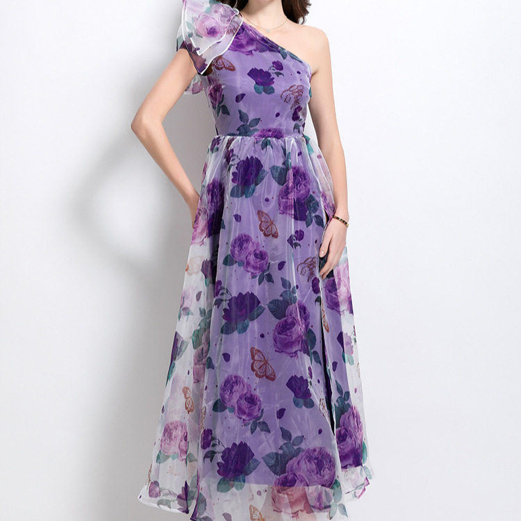Elegant High End One Shoulder Floral Lace Waist Defined Mesh Dress for Women Chic Print Slit Design Evening Wear