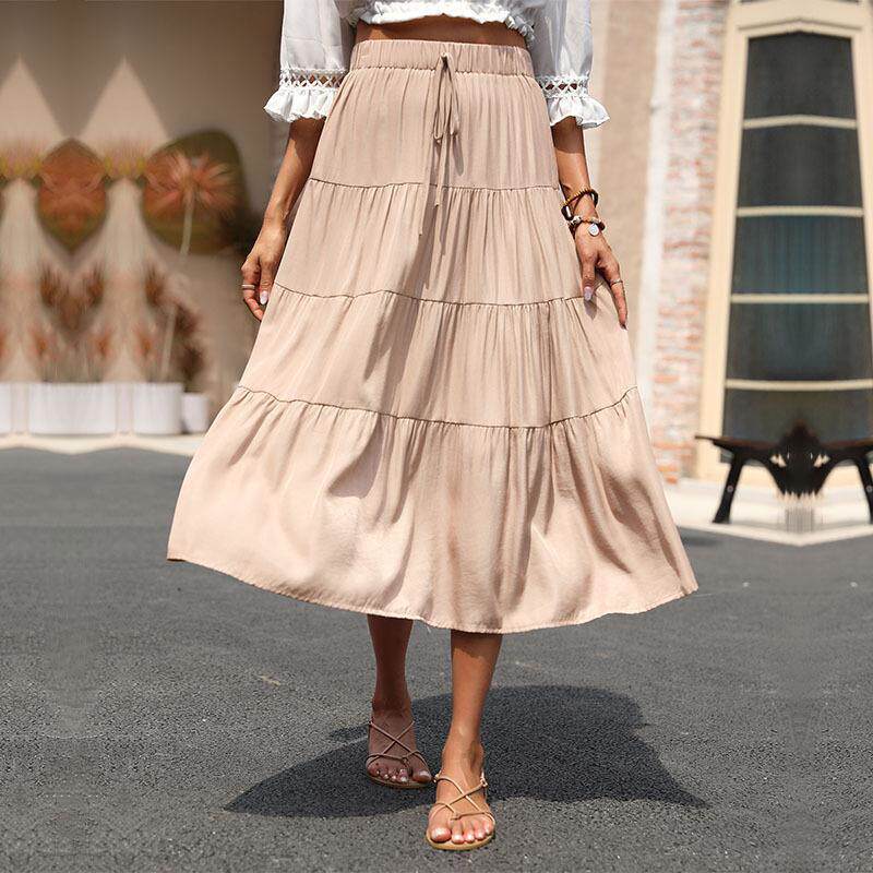 Summer Womens Ruffled Solid Color Midi Skirt Elegant Design Comfortable Fit Versatile for Casual or Formal Occasions