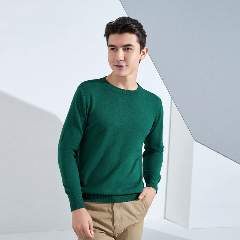 秋冬男士圆领宽松加厚套头针织衫纯色长袖短款商务打底保暖毛衣