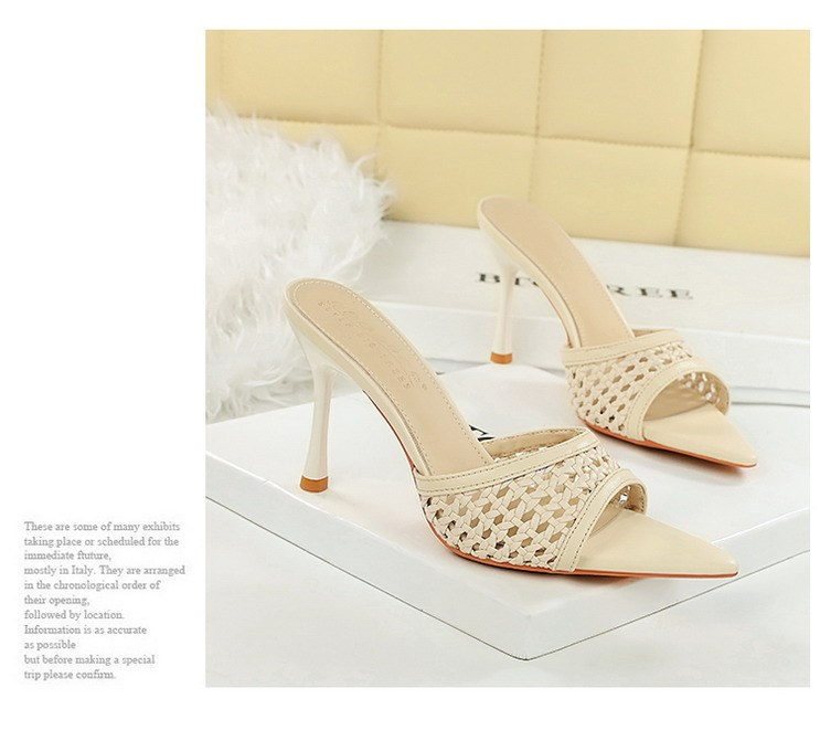 Sandal cao gót nữ mũi nhọn hở ngón quai dệt phối đồ thời trang — Màu bạc, Màu be, màu đen, Màu trắng