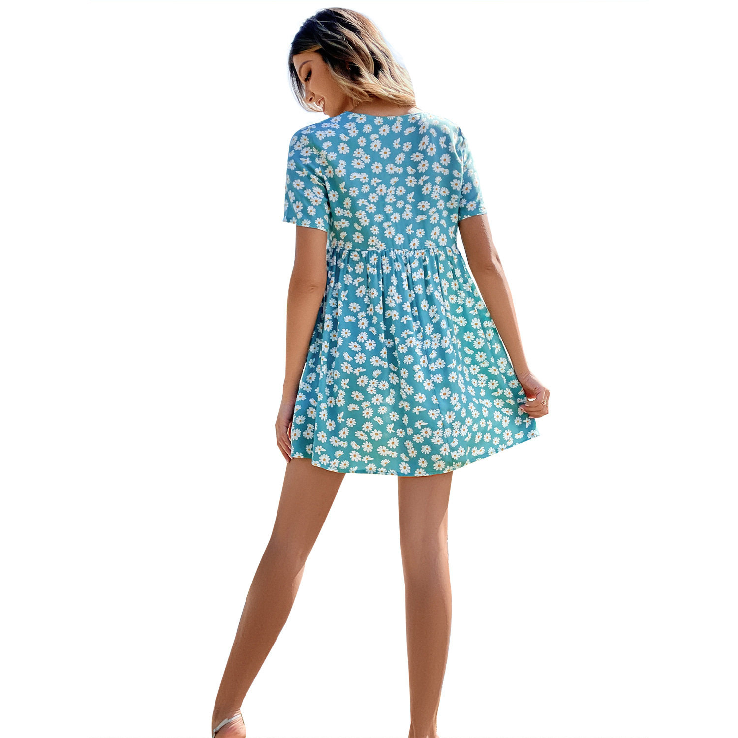 High Waist V Neck Floral Print Puff Sleeve Dress Casual Vacation Style Available in Multiple Sizes Wholesale Options