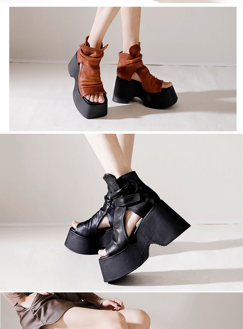 Bốt sandal nữ đế dày mũi hở cá tính phong cách cổ điển — Màu đen, Màu nâu