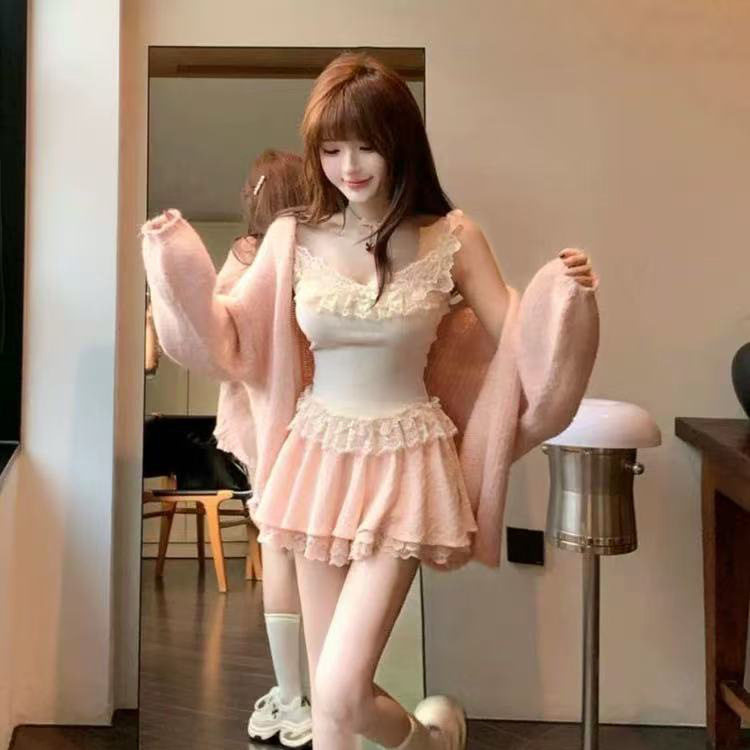 Autumn New Style French Style Sweet, Gentle and Pure Lust Style Slim Niche Lace Suspender Skirt Suit Two-Piece Set