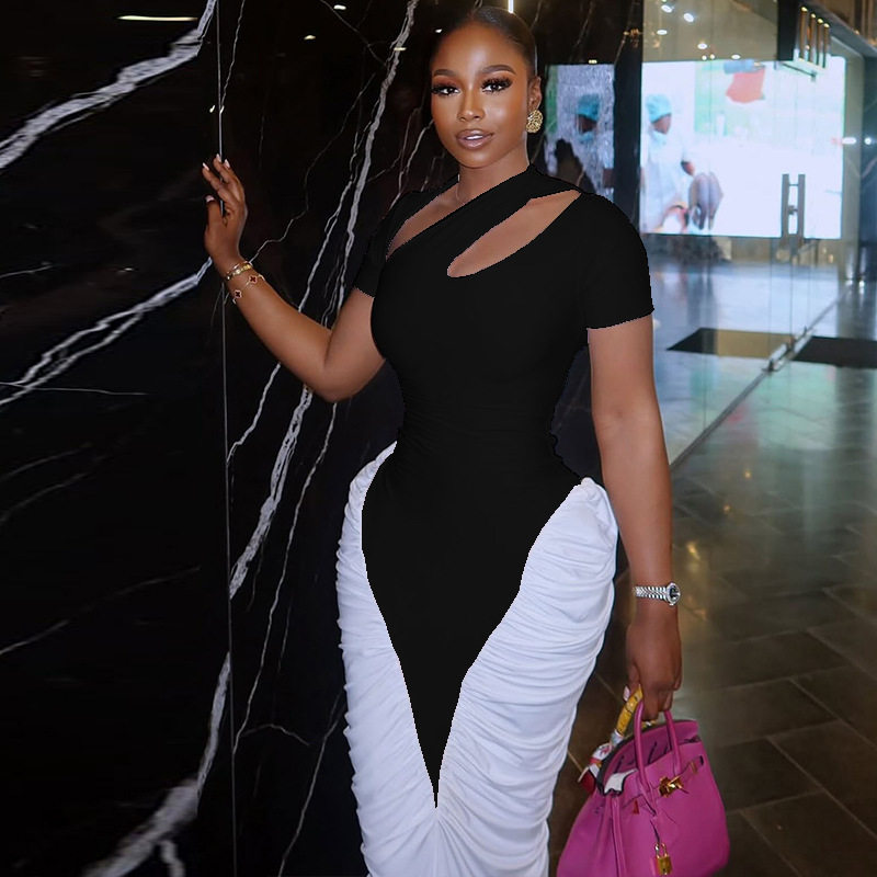 Black and White Color Block Bodycon Dress Hollow Out Design Short Sleeve Versatile Style Perfect for Street Fashion