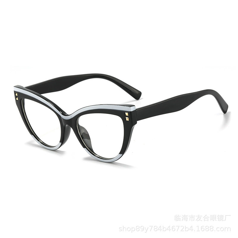 European and American Cat-Eye Rivet Black and White Panda Flat Glasses Frame Anti-Blue Light Lenses Street Style Retro Sunglasses Large Frame