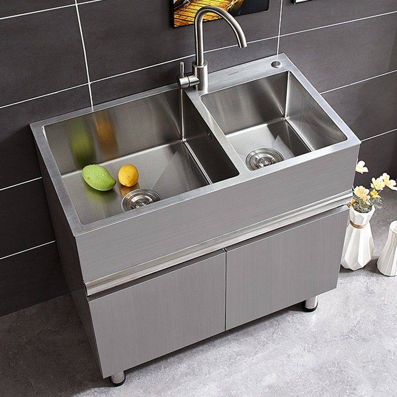 304 Stainless Steel Sink Cabinet Balcony Cabinet with Washboard Laundry Sink Wash Basin Cabinet Floor-Standing Bathroom Cabinet No