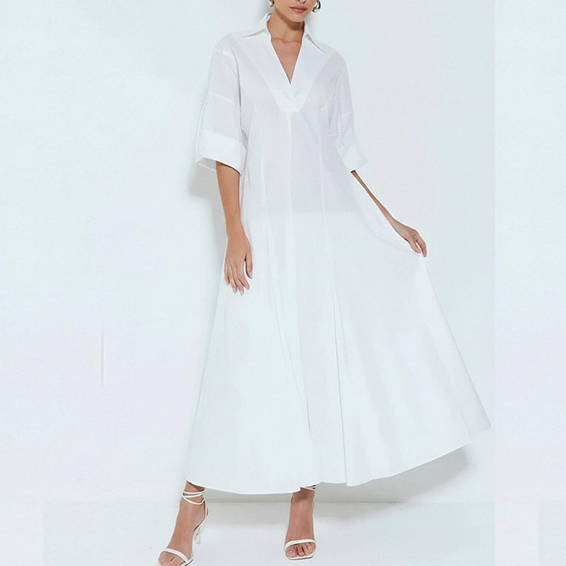 Womens Summer Dress Elegant Solid Color V Neck Pleated Design Perfect for Casual or Formal Occasions Wholesale