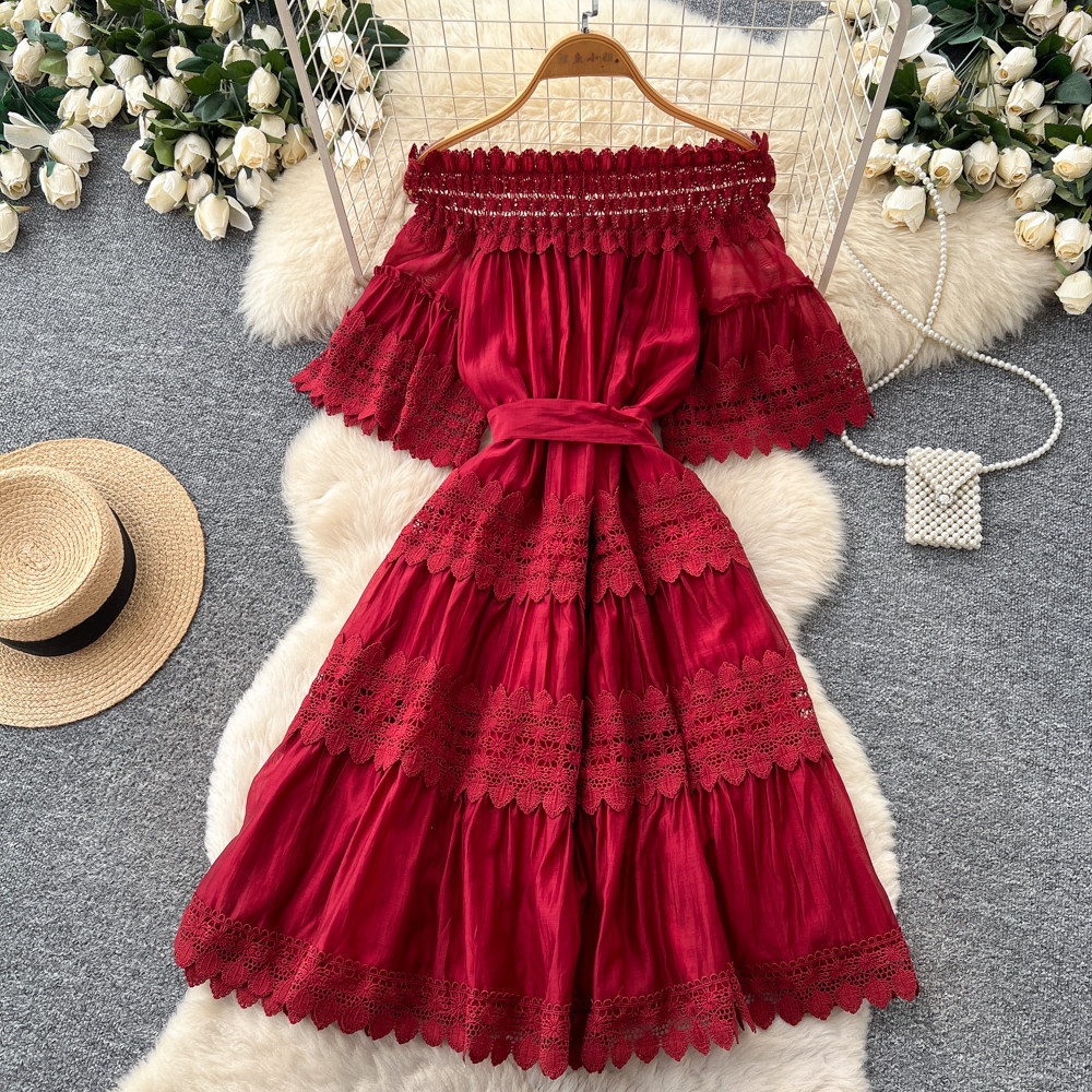 Off Shoulder Lace Trimmed Dress Summer Short Sleeve Red Slim Fit Elegant Style Perfect for Romantic Occasions