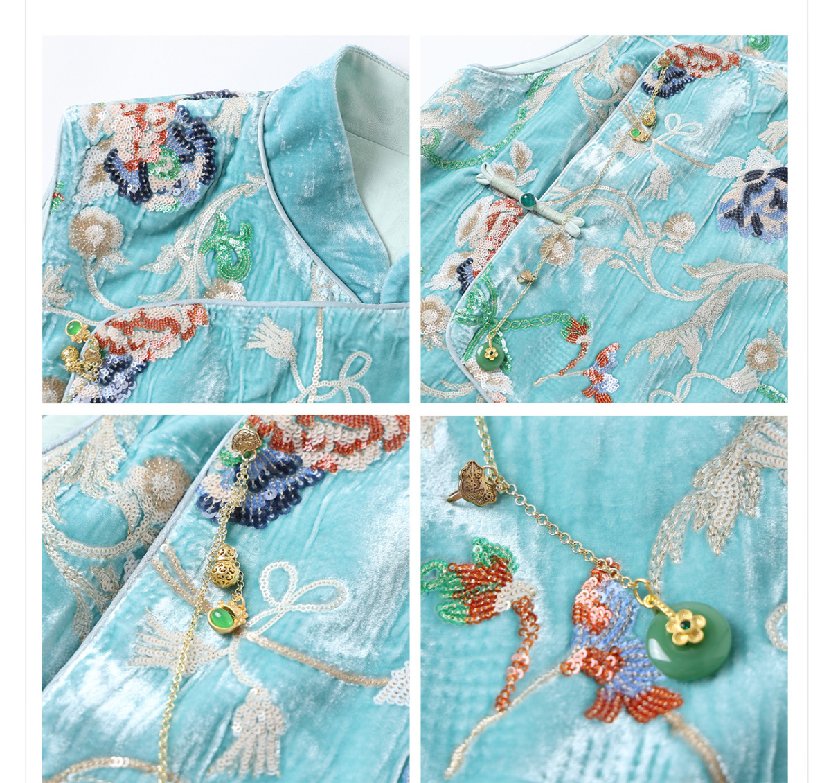 Áo vest nữ dáng ngắn thêu hoa chất liệu satin phối sequin — Màu xanh da trời (giao hàng trong 7 ngày), Màu xanh da trời (phát hành cùng ngày)