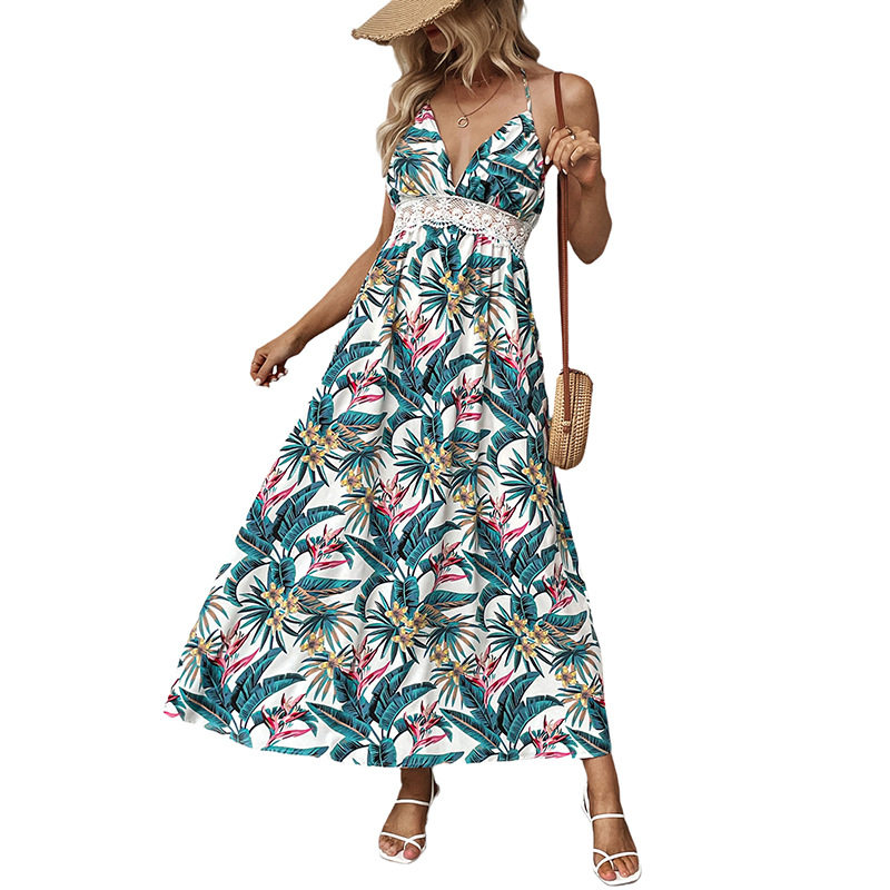 Tropical Print Maxi Dress Sleeveless Beach Vacation Style Lightweight Fabric Perfect for Summer Getaways Wholesale