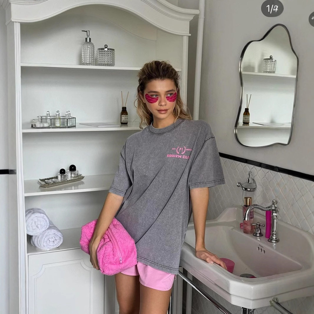 Loose Fit Korean Style Graphic Print Short Sleeve T Shirt for Women Vintage Wash Design Summer Casual Wear Wholesale