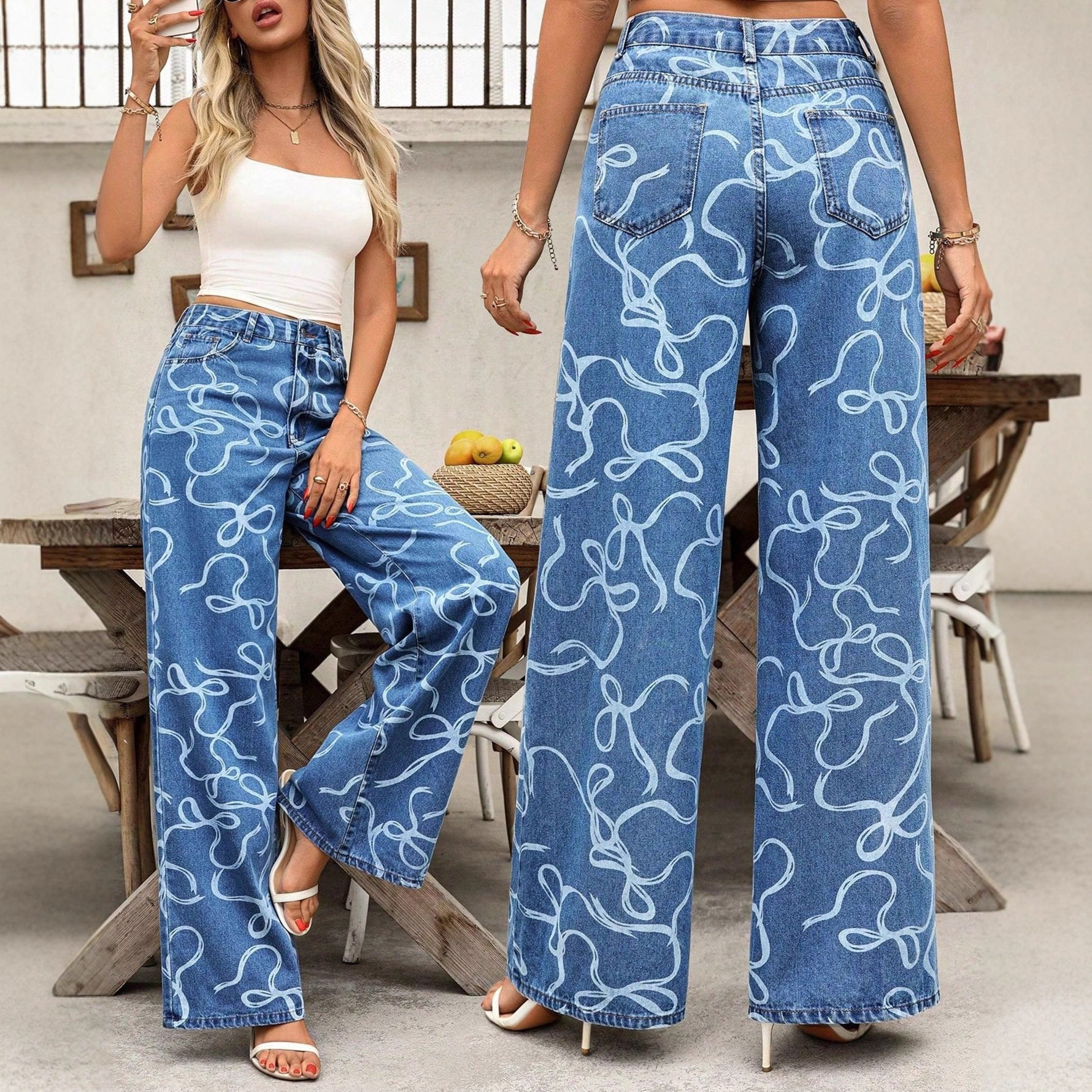 Casual Wide Leg Printed Denim Pants Fashionable Versatile Relaxed Fit Ideal for Everyday Wear Wholesale Available