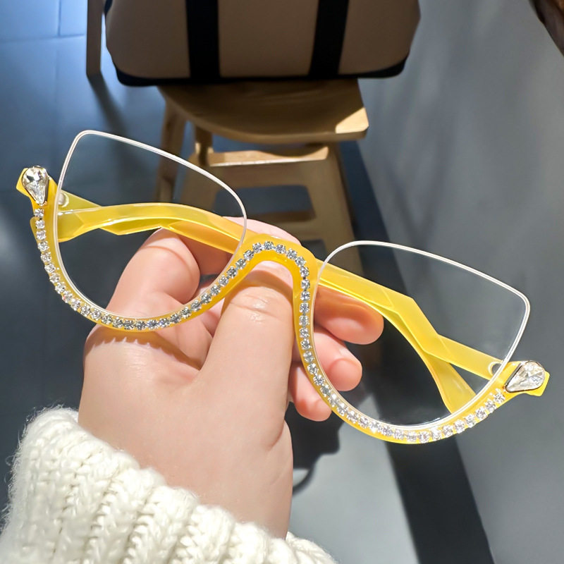 Personalized handmade diamond anti-blue light glasses women's European and American retro half-frame flat mirror 2025 new fashion glasses frame