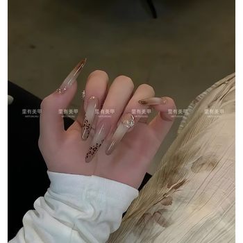 Wholesale Handmade Wearable Manicure Nails 380 Chestnut Color Leopard Print High-End European and American Style Wearable Nails