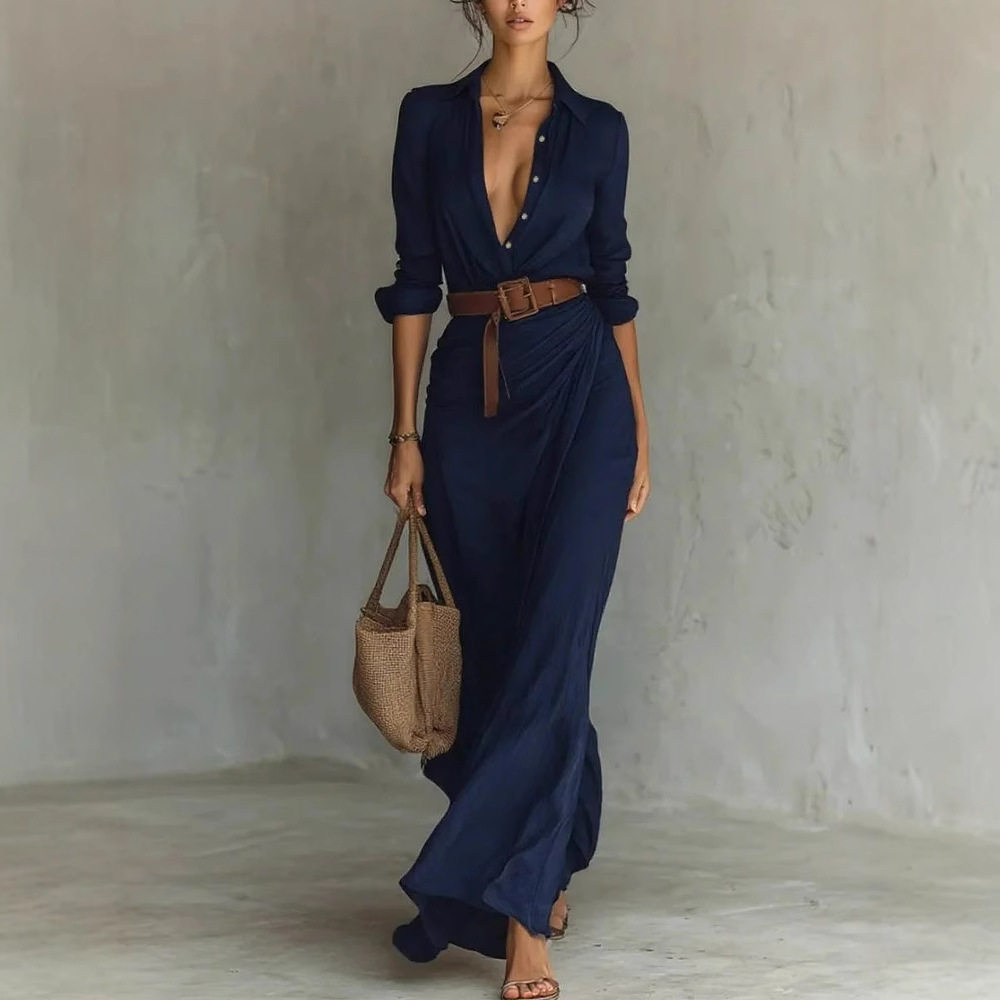 Elegant Womens Autumn Dress Solid Color Irregular Pleats Waist Belt Perfect for Casual or Formal Occasions