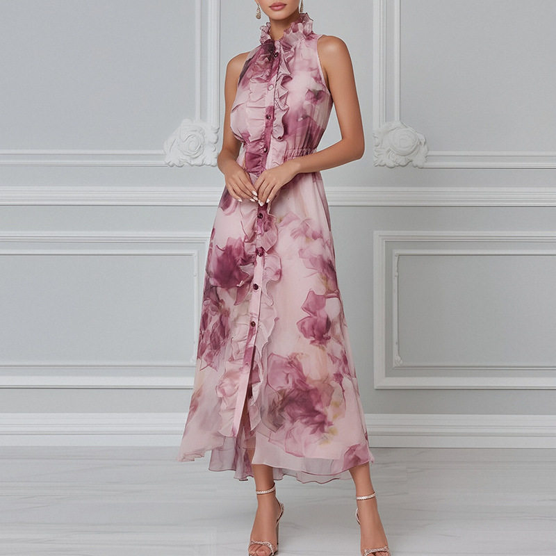 Rose Print Waist Tie Maxi Dress Casual Vacation Style Summer Collection for Women Wholesale Available
