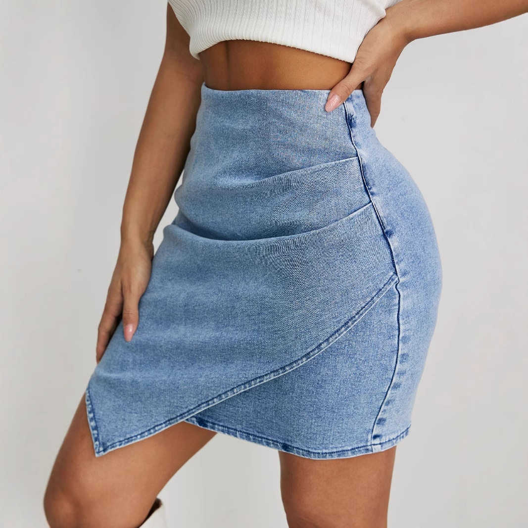 High Waisted Ruffled Asymmetrical Denim Skirt Womens Fashion Comfortable Fit Versatile Style Wholesale Available