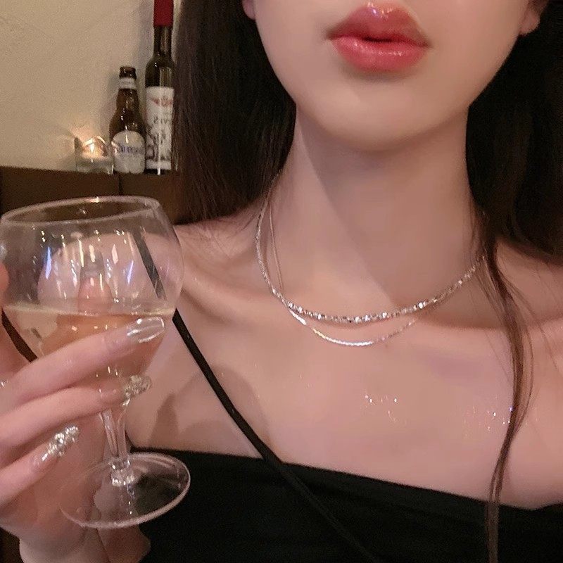 Broken Silver Ultra-Fine Necklace Accessible Luxury Niche Design Double Layer Fine Glitter Stacked Clavicle Chain Women's High-End Neck Necklace Accessories