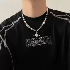 European and American Style Saturn Grey Pearl Pendant Necklace for Men and Women Niche Design Hip-hop Cold Style Neck Chain Woolen Chain Accessories