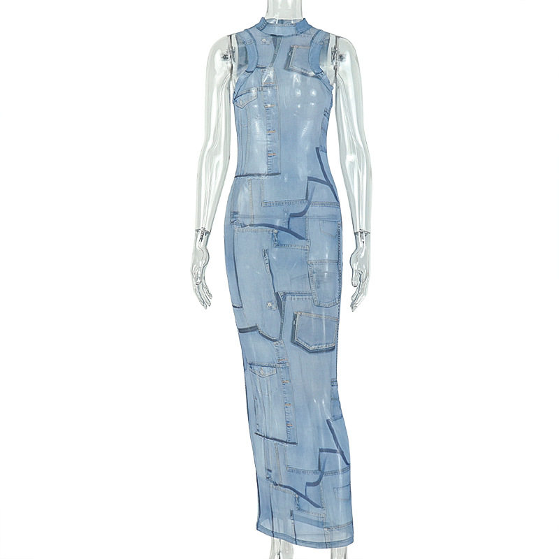 Fashionable Womens Bodycon Maxi Dress European Style Sleeveless Halter Neck Denim Patchwork Perfect for Parties
