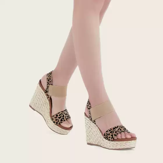 Women's Wedge Sandals Leopard Print Ankle Strap Open Toe Straw Shoes Platform High Heels Summer Large Size European American