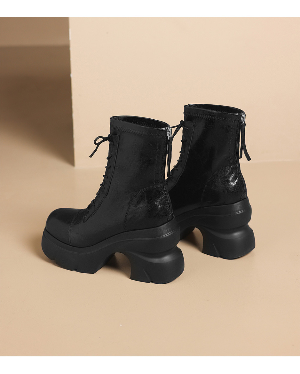 Boot nữ cổ thấp gót 10cm đế dày co giãn khóa kéo sau — Bảng màu nâu, Màu đen bên trong, Màu nâu., Trong danh sách đen
