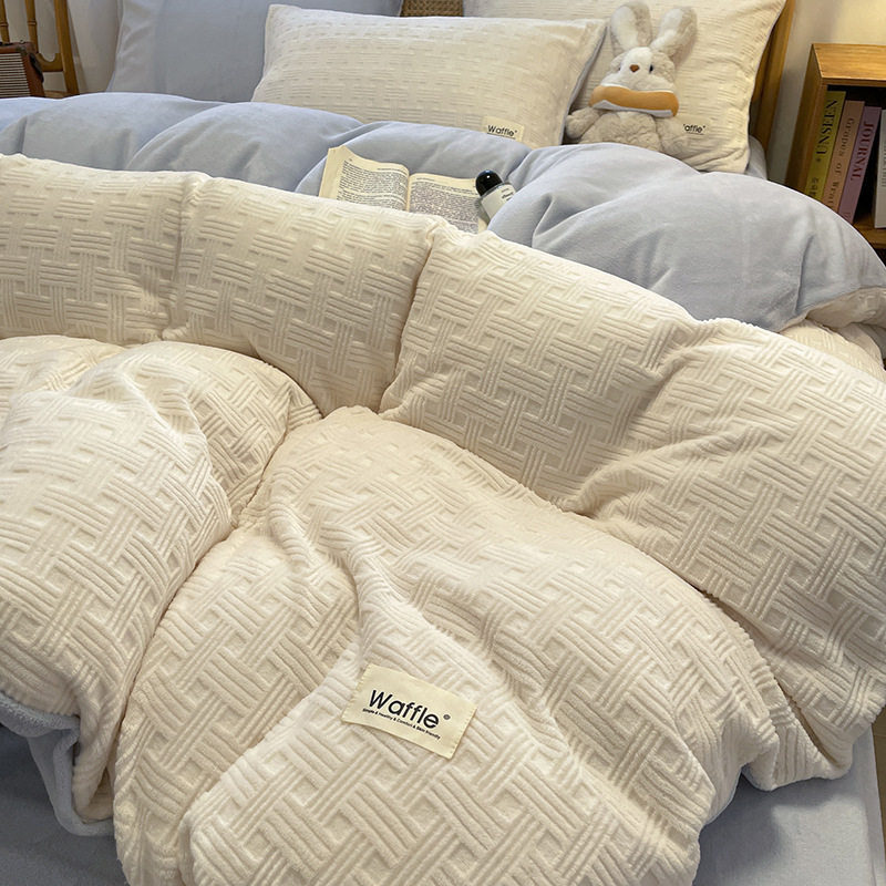 Winter milk velvet four-piece set class a maternal and infant grade thick warm anti-static solid color carved velvet flannel quilt cover