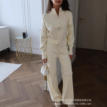 European and American 2025 Autumn and Winter New Style Lapel Double-Ended Zipper Knitted Pants Suit Fashionable Slim Casual Two-Piece Set