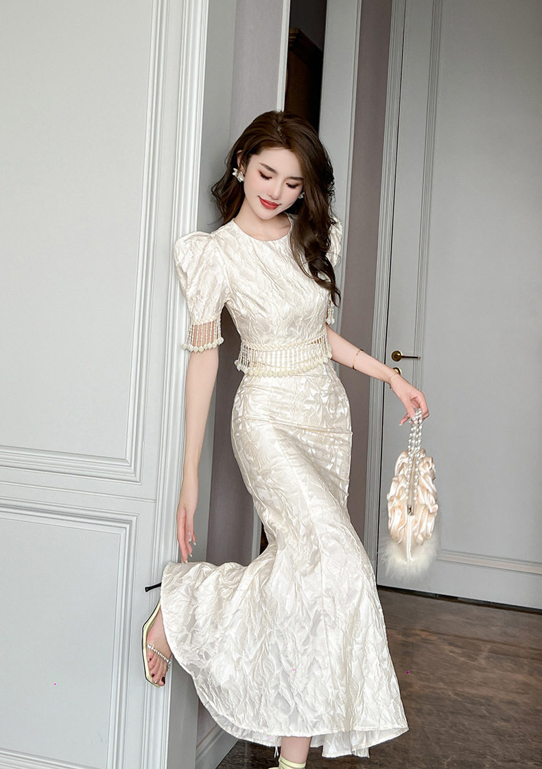Đầm ôm body nữ cổ tròn tay bồng đuôi cá — [Màu hồng đào] chi tiết 11