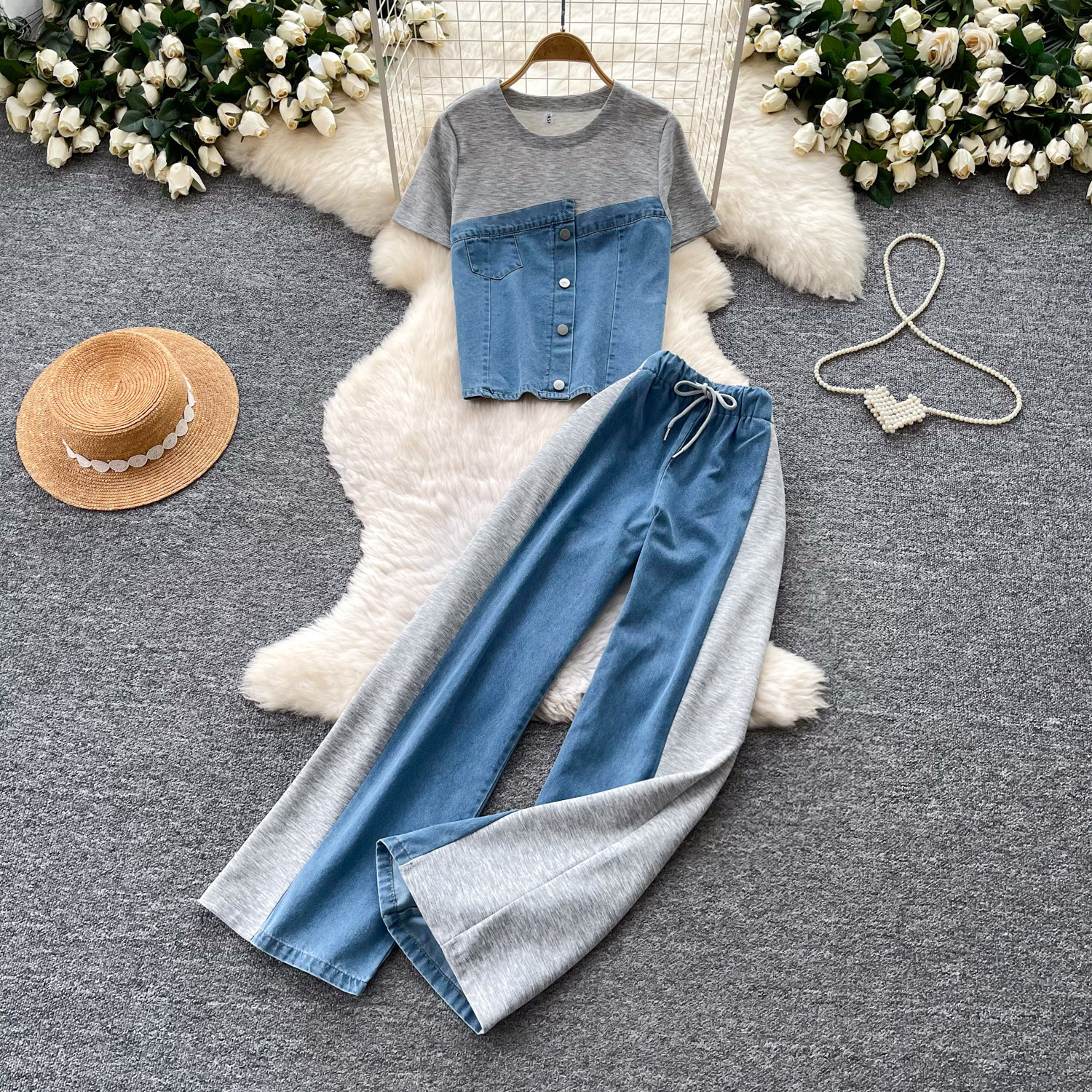 Retro Style Two Piece Set High Waist Wide Leg Pants Relaxed Fit Chic Design Summer Office Wear Wholesale Available