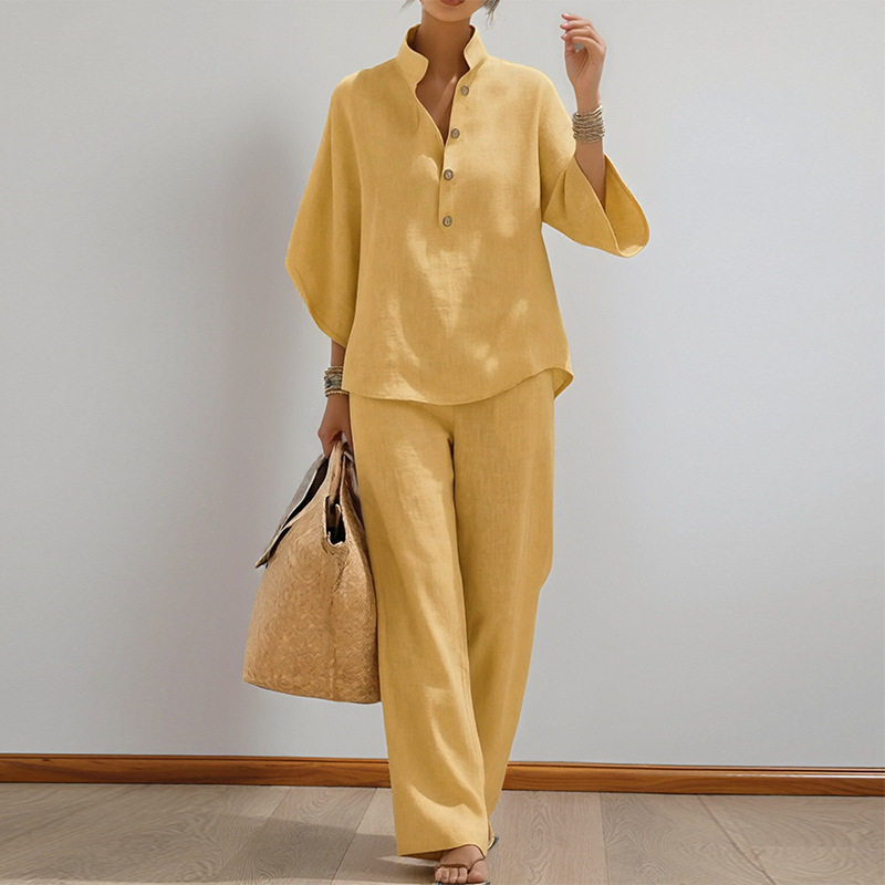 Womens Spring Casual Set Loose Fit Solid Color Top and Long Pants Perfect for Everyday Wear Wholesale Available