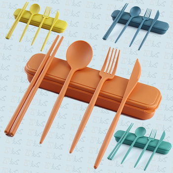 Student Travel Wheat Knife, Fork, Spoon and Chopsticks Four-Piece Set Chastity Tableware Outdoor Portable Creative Wheat Straw Tableware
