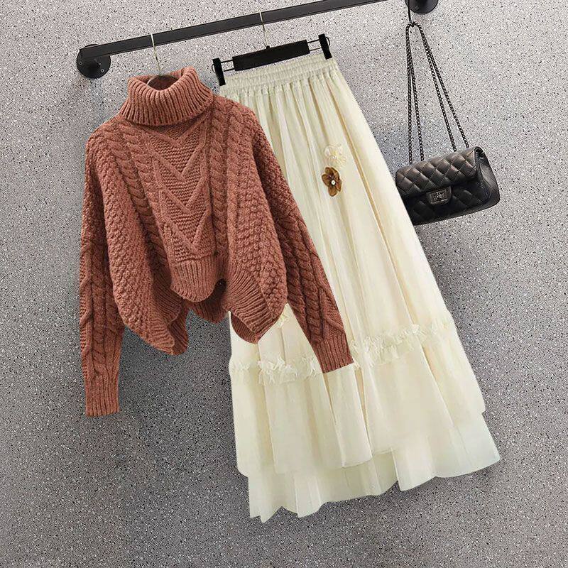 Z2024 Autumn and Winter New Korean-style Retro Slimming Knitted Sweater Women's Styky Age-reducing High Waist Skirt Two-piece Set