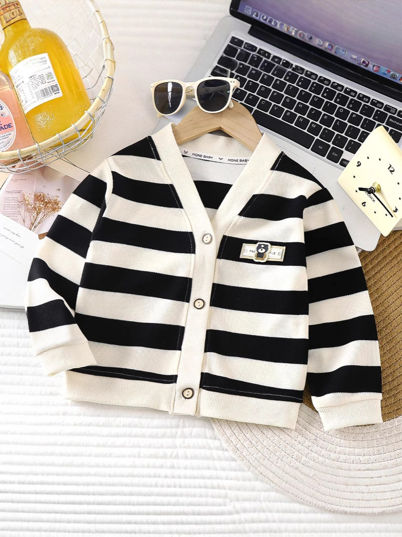 New Boys & Girls Autumn Korean Style Striped Versatile Stylish Coat, Kids' Long-Sleeve Top for Toddlers & Little Kids