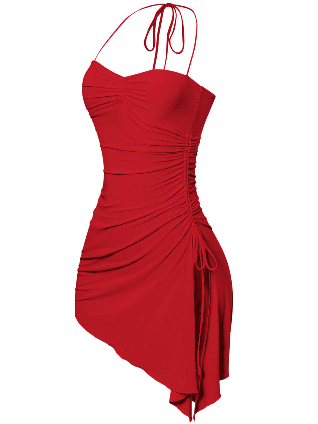 Halter Neck Ruched Bodycon Dress Side Slit Irregular Hem Slim Fit Night Out Party Wear Wholesale Available