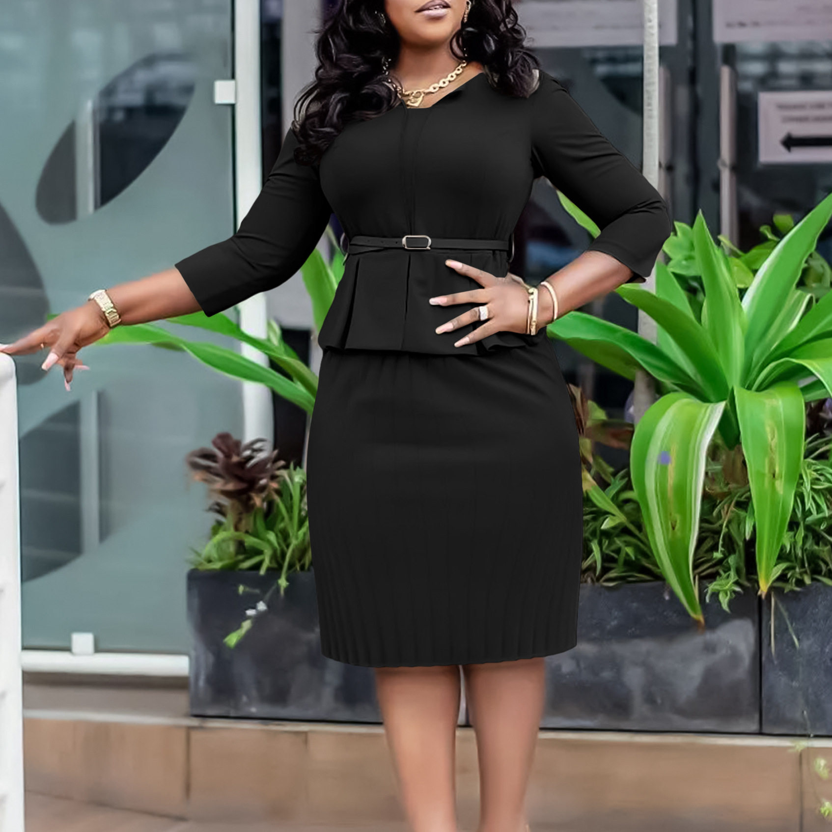 V Neck Ruffle Hem Pencil Skirt High Waist Slim Fit Elegant Design Winter Office Wear for Women Wholesale Available