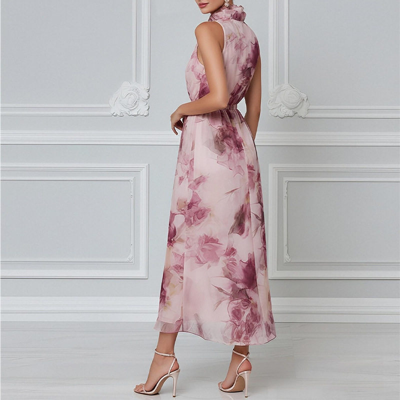 Rose Print Waist Tie Maxi Dress Casual Vacation Style Summer Collection for Women Wholesale Available
