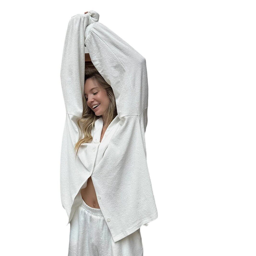Womens Summer Two Piece Set Relaxed Fit Long Sleeve White Cardigan Towel Fabric Comfortable Home Wear Wholesale
