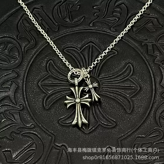 Trendy Brand S925 Sterling Silver Necklace Cross-Border European and American Unisex Jewelry Without Diamonds Large and Small Double Cross Necklace