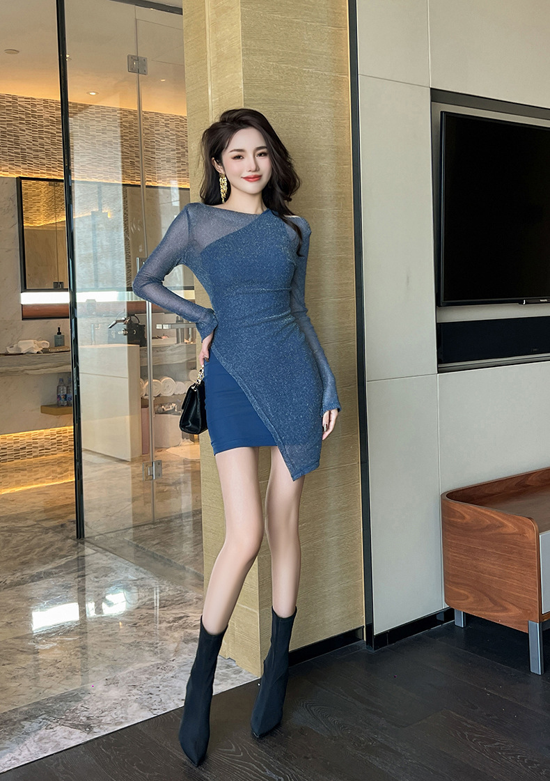 Đầm hai mảnh ôm body lưới xuyên thấu dài tay cổ tròn — Màu xanh lam