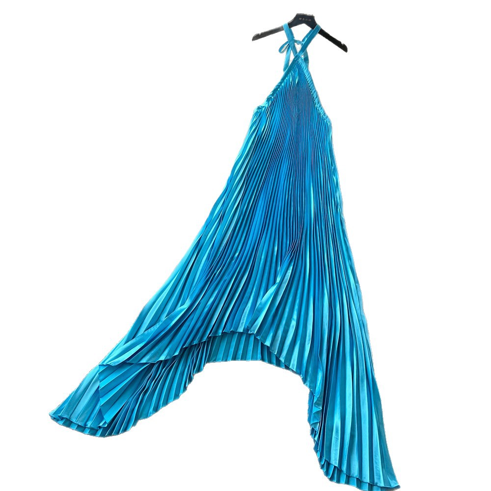 Red Halter Neck Irregular Dress High Waist Pleated Sleeveless A Line Vacation Style Wholesale Available