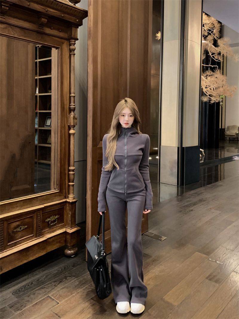 Hooded Cardigan Sweatshirt Versatile Slimming Wide-Leg Pants Two-Piece Set for Women Autumn and Winter New Fashion Casual Sports Suit