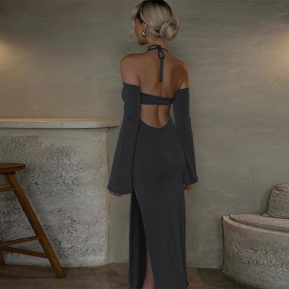 Womens Halter Neck Maxi Dress Sexy Off Shoulder Design Side Slit Lightweight Fabric Spring Summer Occasion