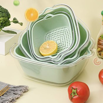 Vegetable Washing Basket Double-layer PET Transparent Draining Basket Household Kitchen Vegetable Basket Fruit Plate Multifunctional Washing Fruit Filter Basin