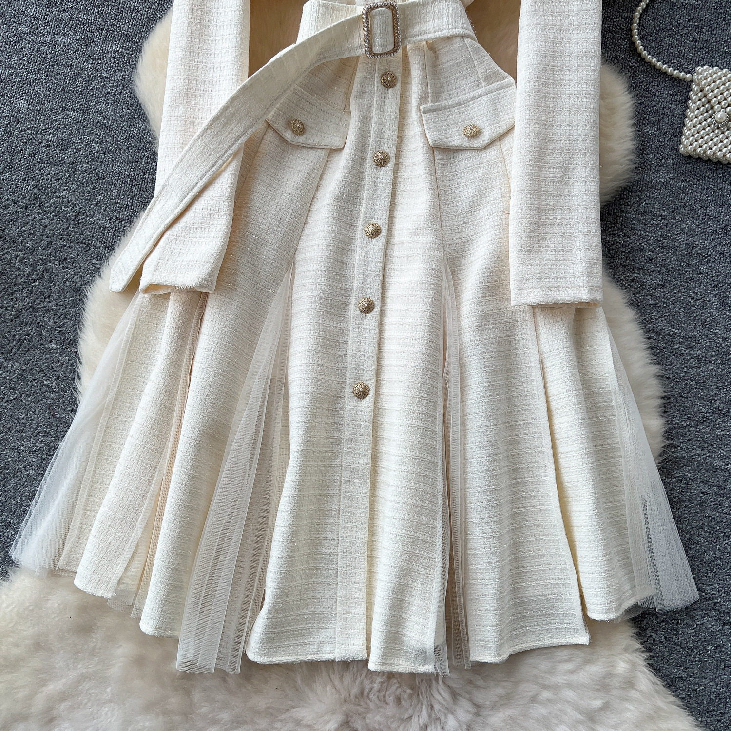 Vintage French Style V Neck Dress with Metal Buttons Waist Defining Elegant Sheer Mesh Panels Perfect for Formal