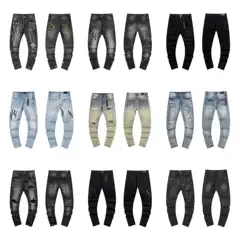 Cross-Border Wholesale American Trendy Brand High Street Ripped Patch Trendy Retro Straight Jeans for Young Men Fashion