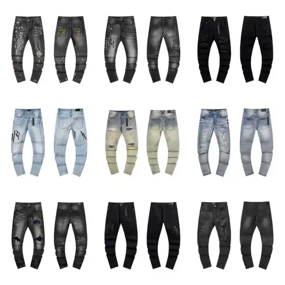 Cross-Border Wholesale American Trendy Brand High Street Ripped Patch Trendy Retro Straight Jeans for Young Men Fashion