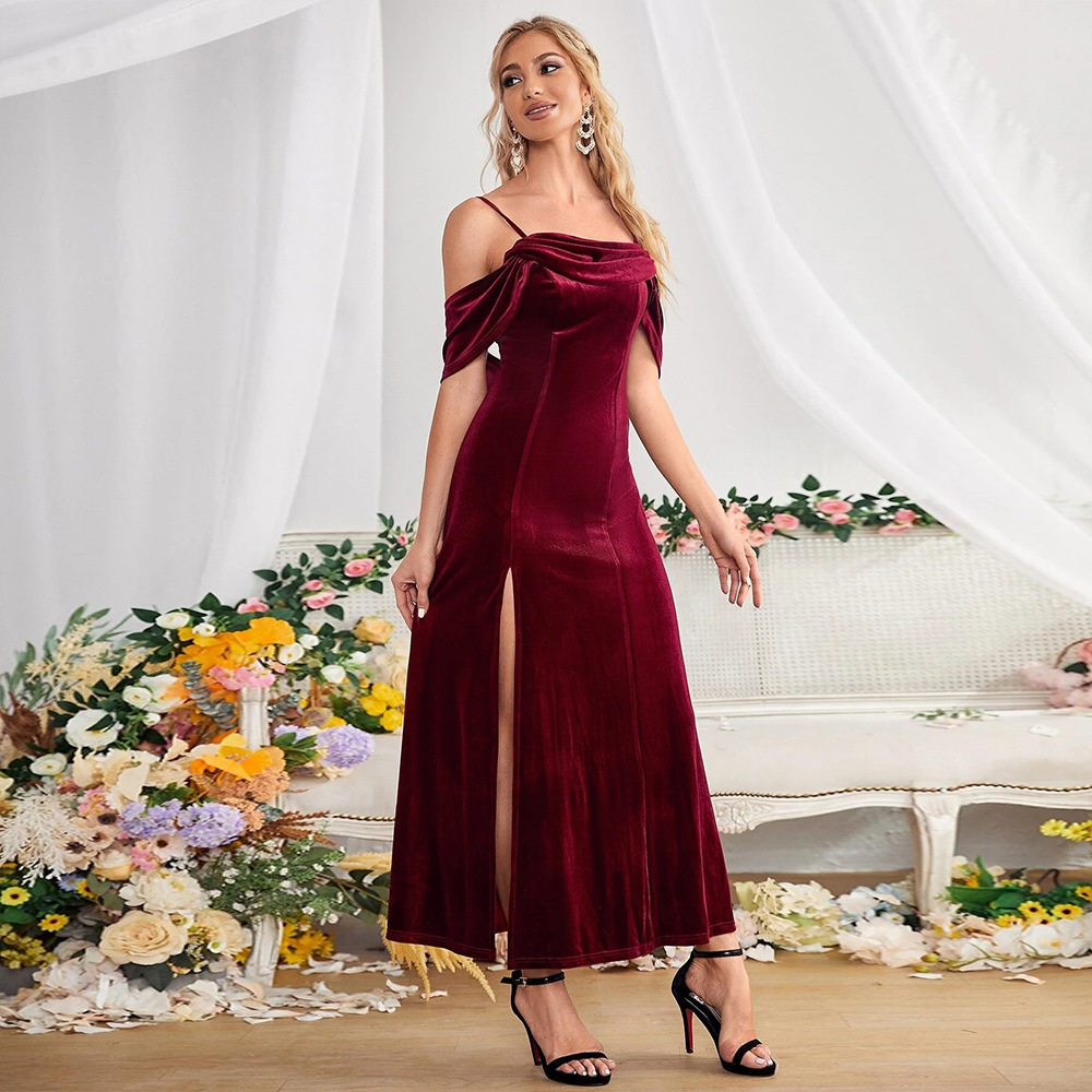 Velvet Long Dress Off Shoulder High Slit Elegant Versatile Evening Wear for Women Wholesale Available