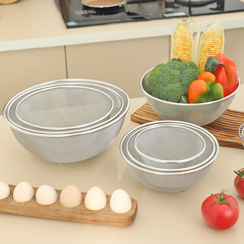 304 Stainless Steel Rice Sieve Colander Vegetable Washing Basin Fruit Basket Draining Basket Kitchen Rice Washing Basin Rice Washing Tool