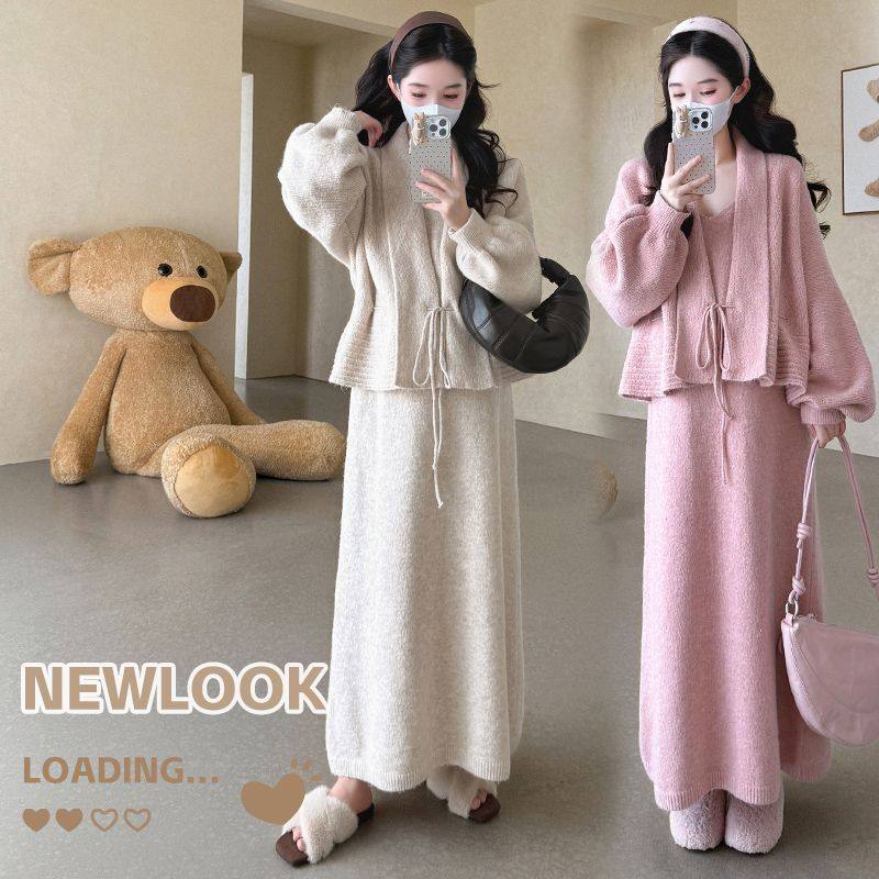 Maternity Suit Autumn and Winter Fashion Suit Trendy Mom Style Knitted Suspender Jacket Dress Maternity Two-Piece Suit